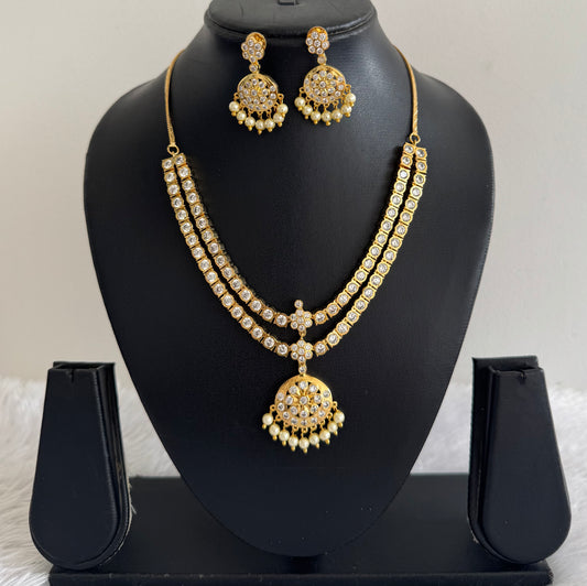 Gold tone AD white south indian style double layer necklace set dj-51672
