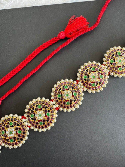 Gold tone precious kemp-green-white pearl round waist band dj-52271