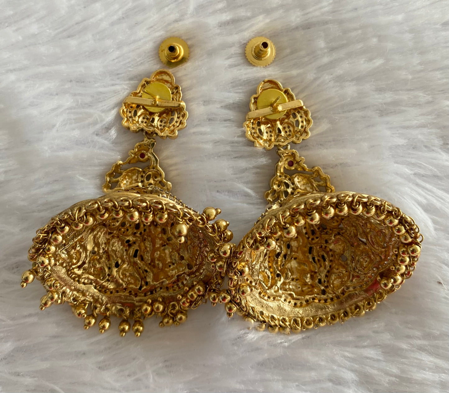 Antique gold tone cz kemp-green nakshi huge lakshmi peacock jhumkka dj-53076