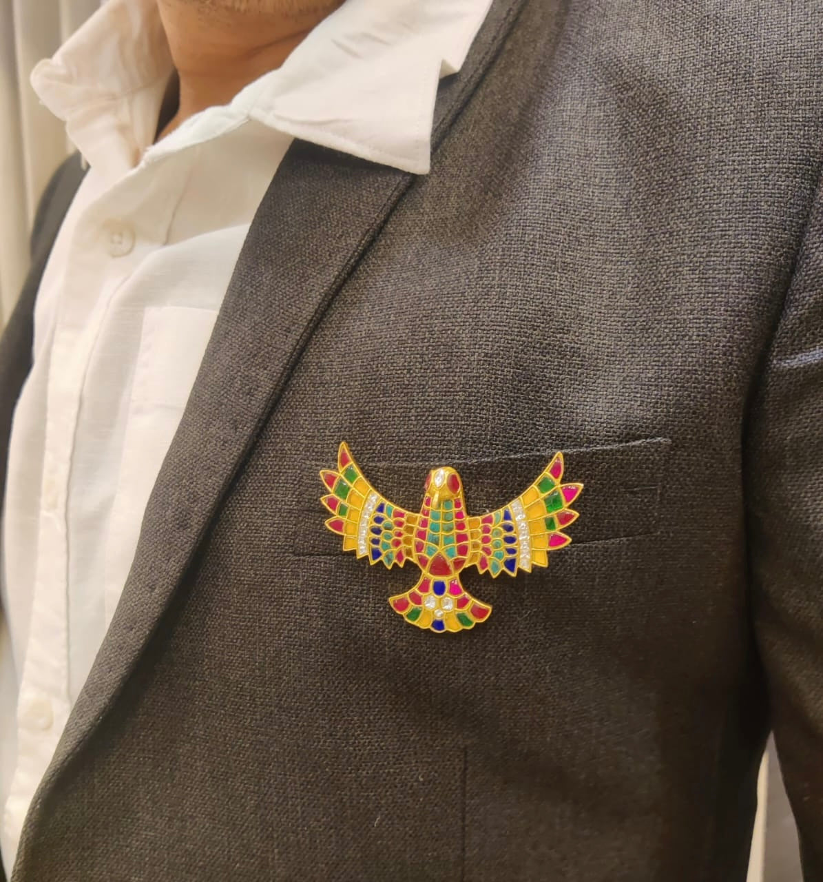 Matte finish Navarathna kundan jadau bird brooch dj-52643