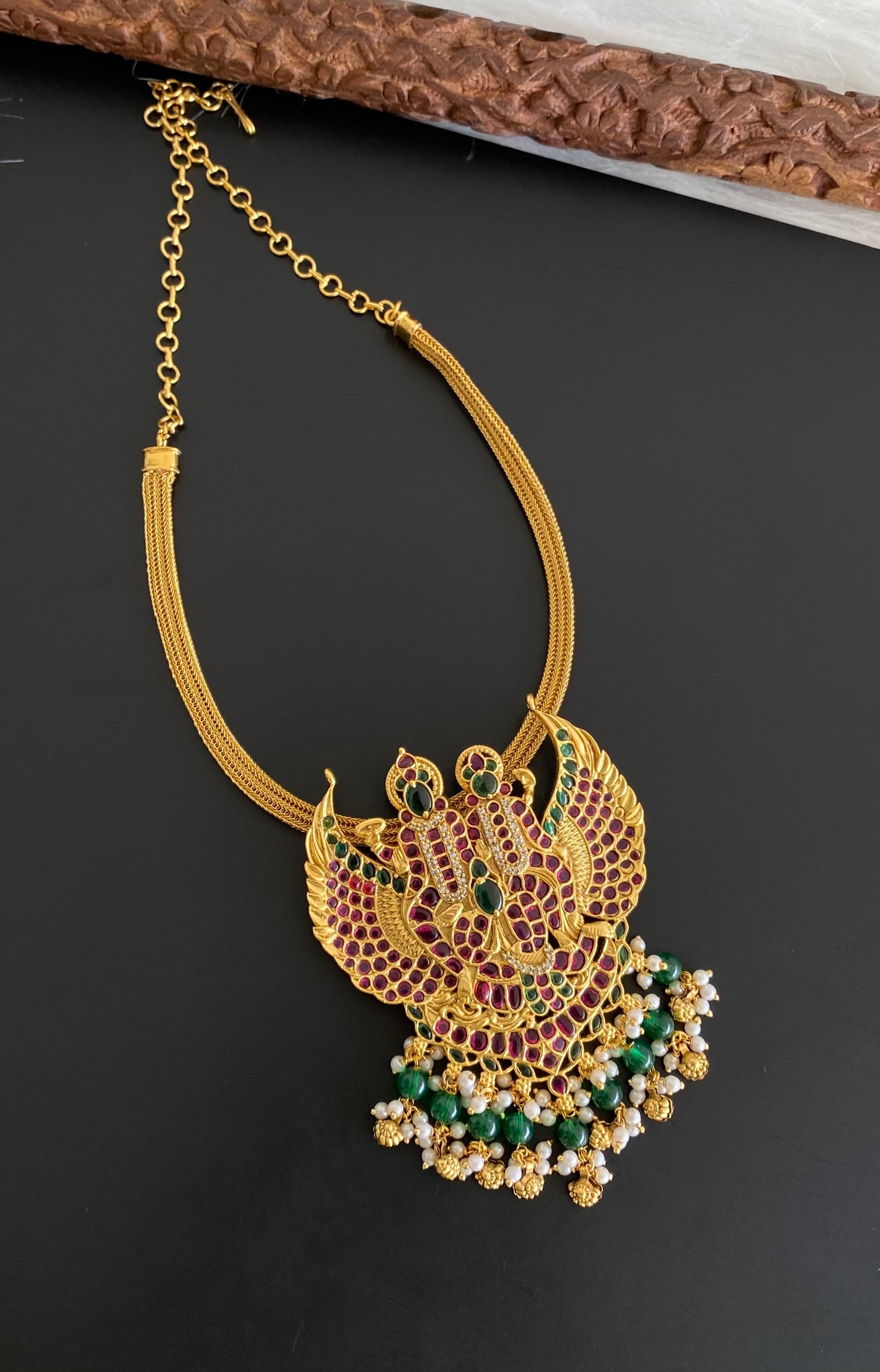 Antique gold tone lakshmi-mahavishnu kundan jadau necklace dj-53849