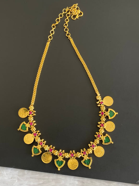 Gold tone kerala style pink-green palakka lakshmi coin necklace dj-53143