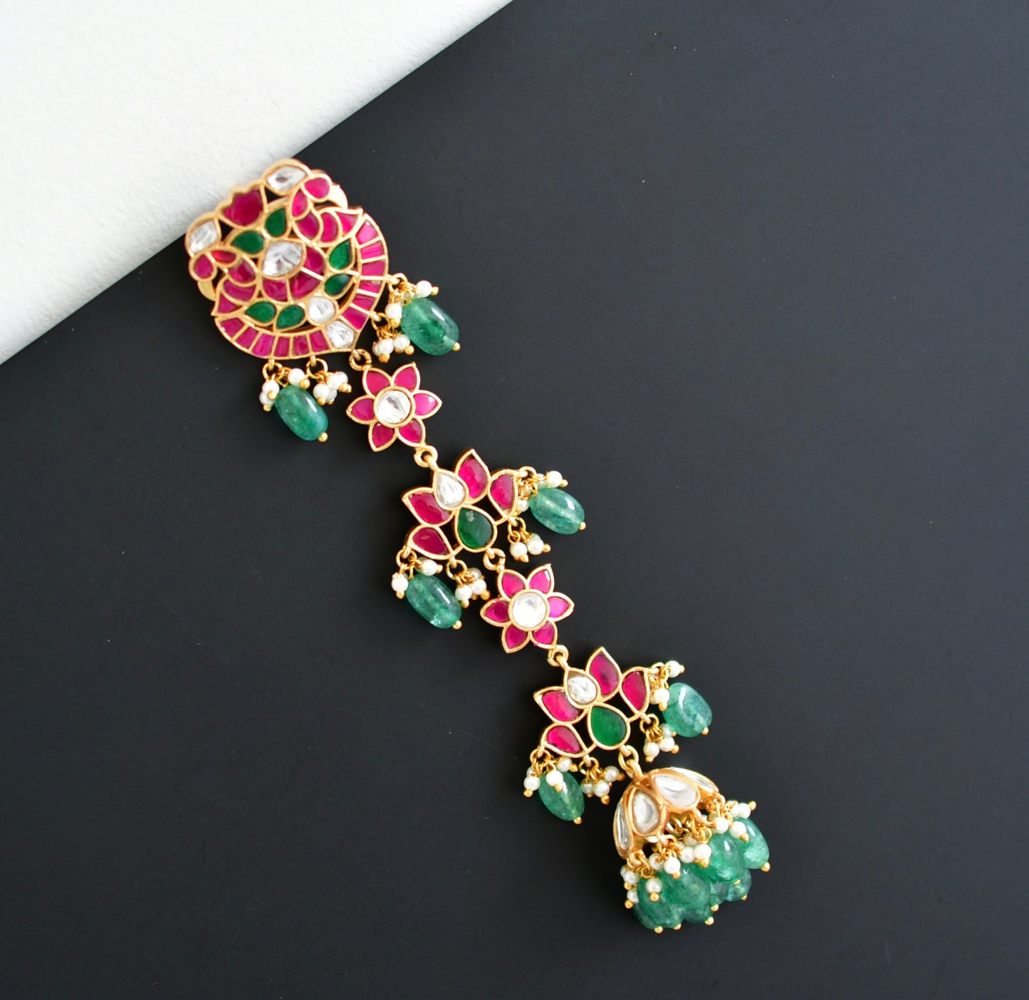 Gold tone pink-green kundan jadau lotus hair jewel dj-52380