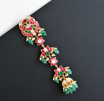 Gold tone pink-green kundan jadau lotus hair jewel dj-52380