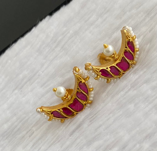 Gold tone pink pearl kundan jadau moon earrings dj-53554