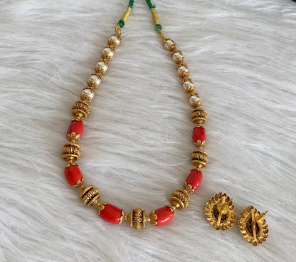 Antique gold tone coral pearl nakshi beaded necklace set dj-54946