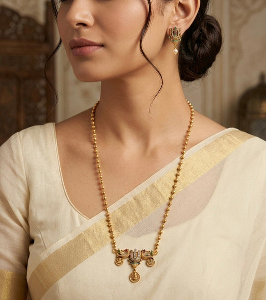 Antique gold tone 18 inches chain thirumal nama-peacock-lakshmi pendant set dj-55008
