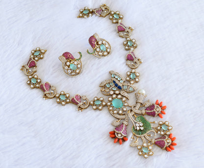 Antique gold tone cz ruby-sea green-coral peacock necklace set dj-53029