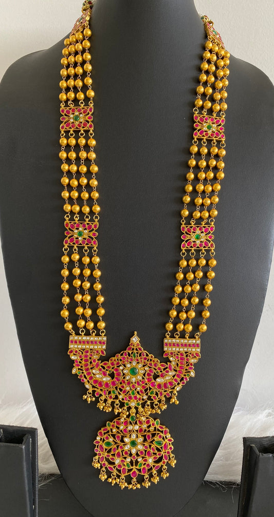 Gold tone pink-green-white flower kundan jadau haar dj-54158