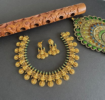 Antique gold tone lakshmi green beaded necklace set dj-52076
