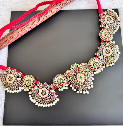 Gold tone precious kemp-green pearl peacock waist band dj-52540