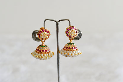 Gold tone South Indian style pink-green-white pearl jhumkka dj-51887