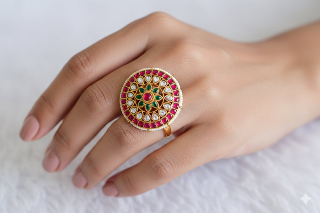 Gold tone pink-green-pearl kundan jadau round finger ring dj-52371