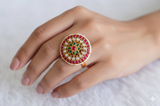 Gold tone pink-green-pearl kundan jadau round finger ring dj-52371