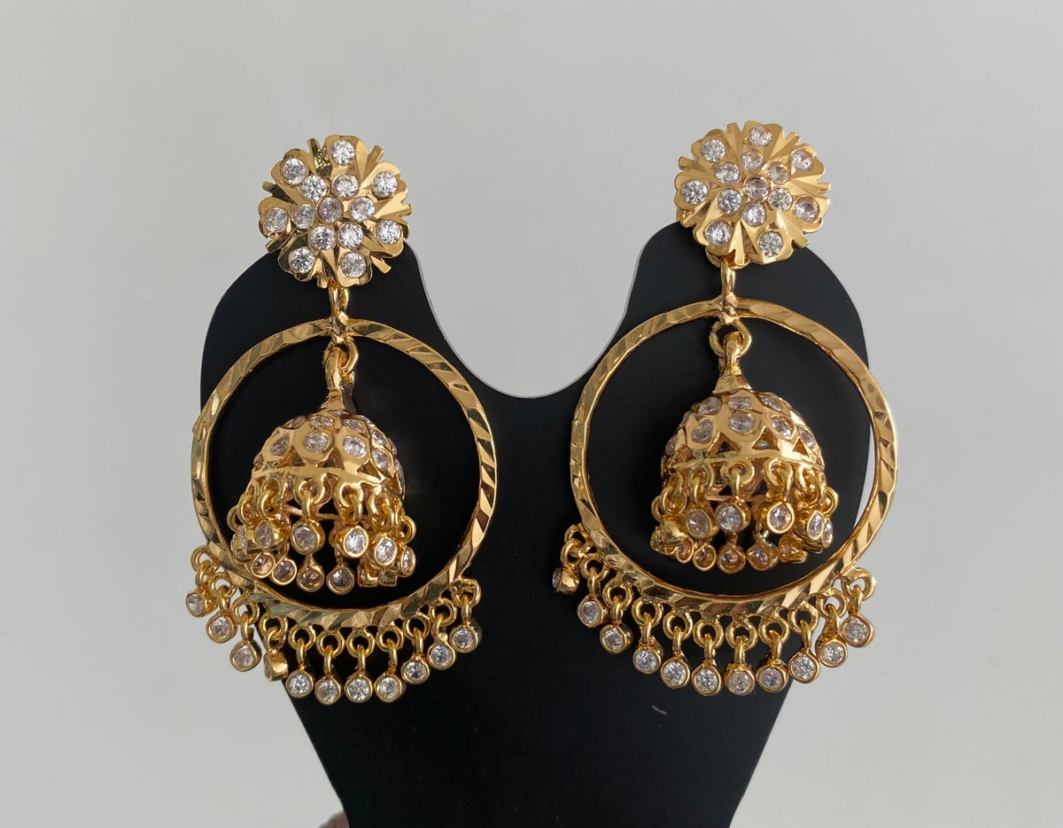 Gold tone south indian style AD white stone bali jhumkka dj-54892