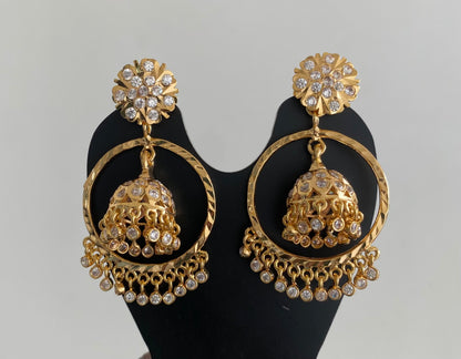 Gold tone south indian style AD white stone bali jhumkka dj-54892