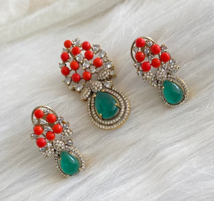 Antique gold tone coral-green-white pendant set dj-53979
