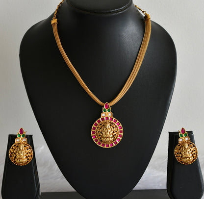 Matte finish pink-green jadau Lakshmi pendant necklace set dj-51821