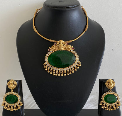 Matte finish lakshmi big green oval stone pendant hasli necklace set dj-54250