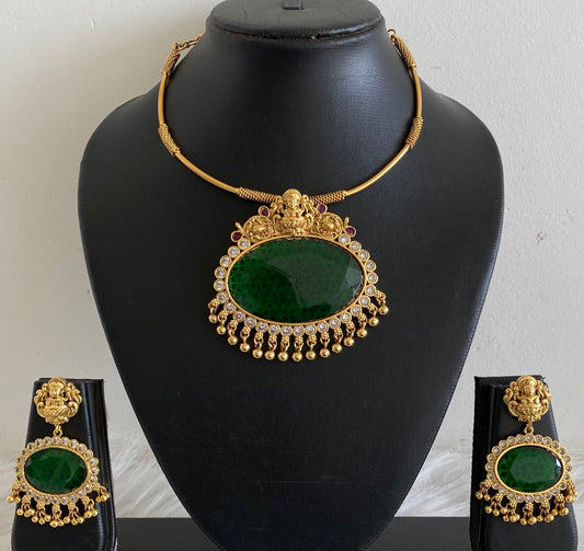 Matte finish lakshmi big green oval stone pendant hasli necklace set dj-54250