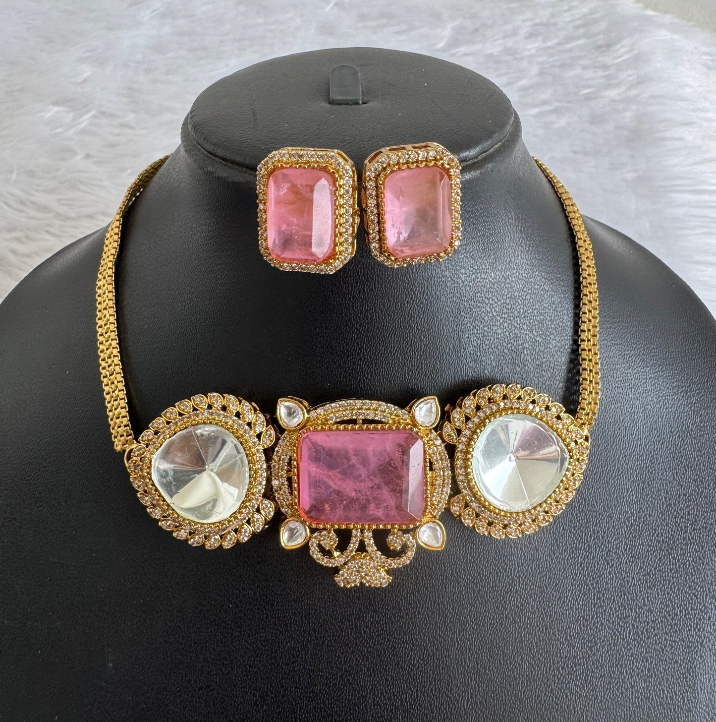 Antique gold tone cz big stone white-baby pink choker necklace set dj-51086
