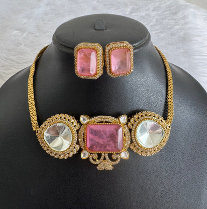 Antique gold tone cz big stone white-baby pink choker necklace set dj-51086