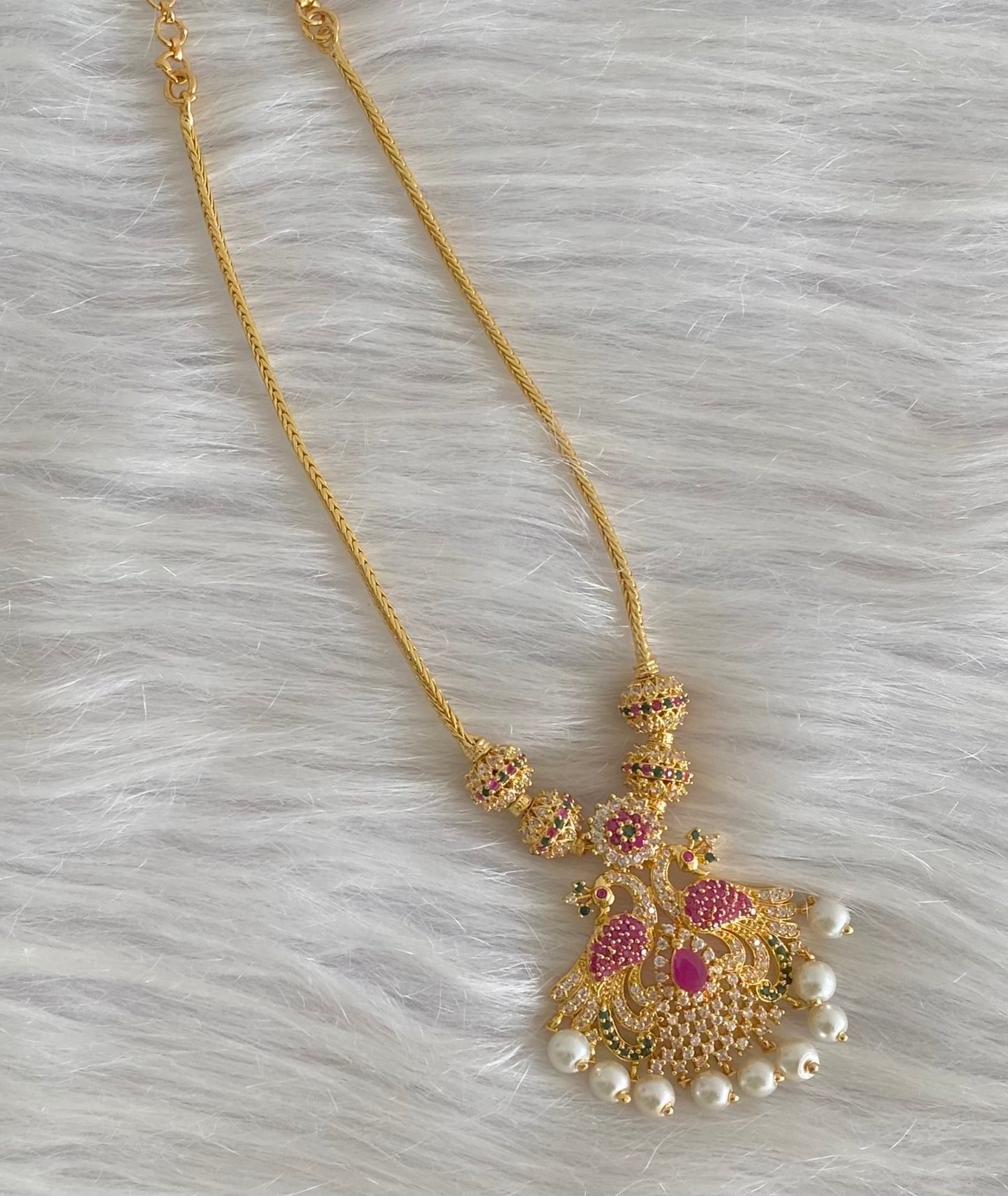 Gold tone ruby-emerald-white stone peacock pearl necklace dj-54241