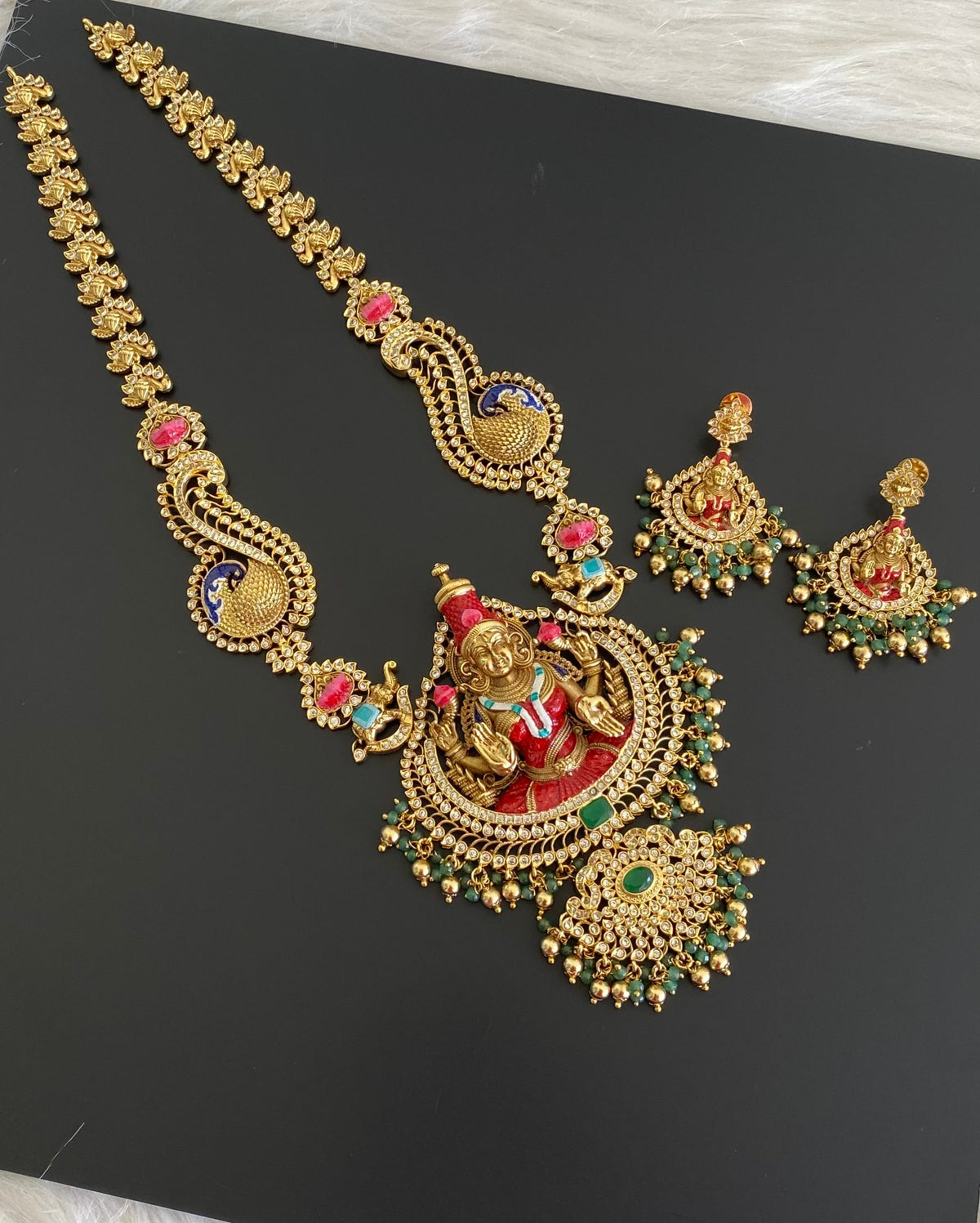 Matte finish green beaded red meenakari mahalakshmi peacock haar set dj-54739