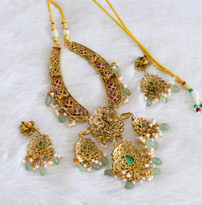 Antique gold tone cz pink-sea green peacock necklace set dj-53022