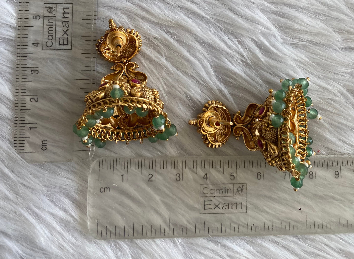 Antique gold tone pink-green beaded swan jhumkka dj-51051