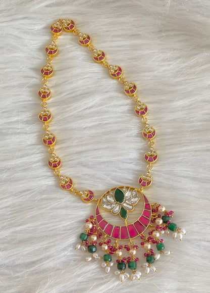 Gold tone kemp-green-white kundan jadau green beaded pearl moon necklace dj-54187
