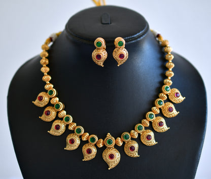 Antique gold tone kemp-green nakshi mango necklace set dj-52735