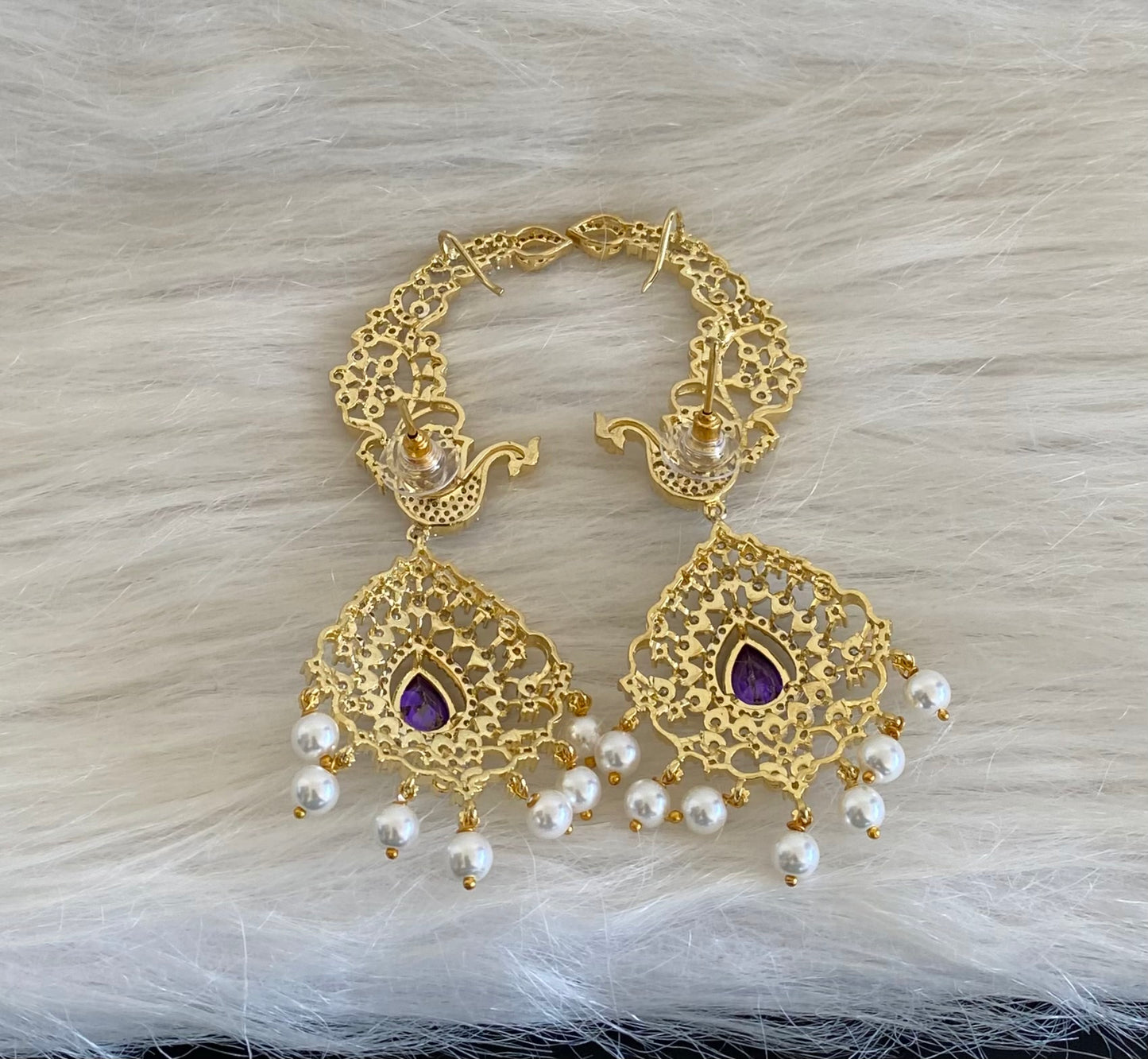 Two tone white-purple stone pearl peacock khanpool earrings dj-54656