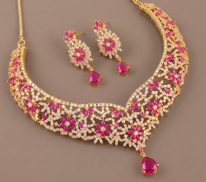 Gold tone cz ruby floral necklace set-dj07162