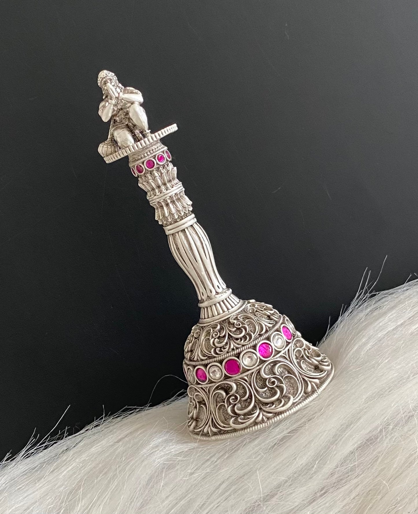 Silver tone pink-white stone hanuman bell dj-54232