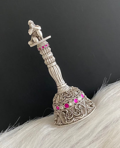 Silver tone pink-white stone hanuman bell dj-54232