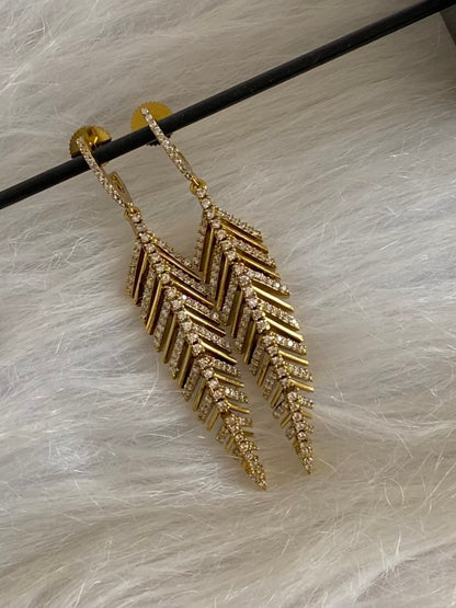 Dark antique gold tone white stone leaf long earrings dj-54641