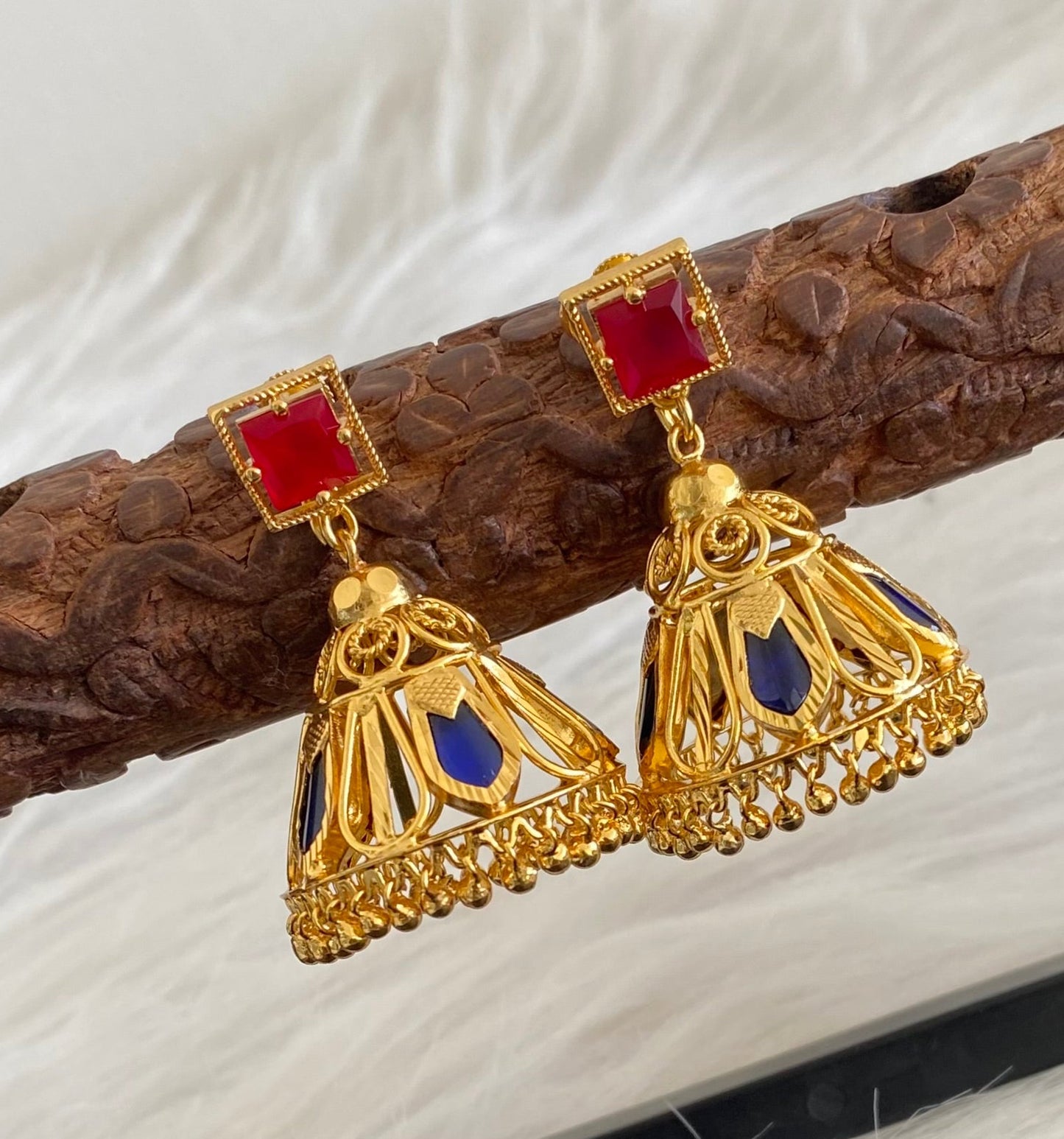 Gold tone kerala style ruby-blue nagapadam jhumkka dj-53828