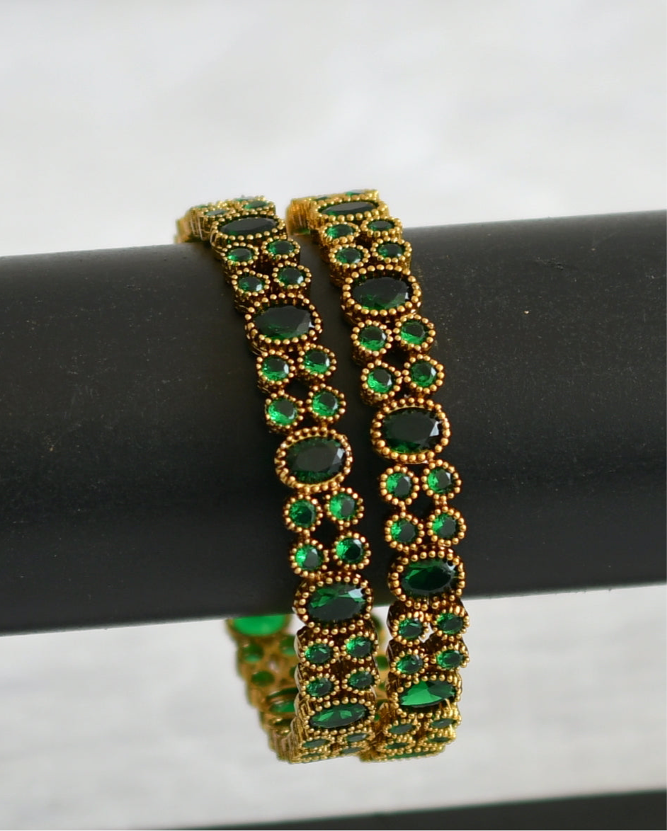 Antique gold tone bottle green oval stone bangles(2.8) dj-50916
