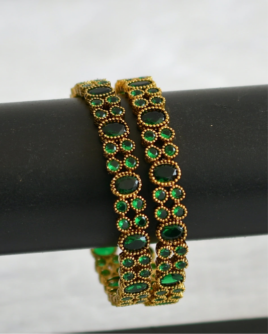 Antique gold tone bottle green oval stone bangles(2.8) dj-50916