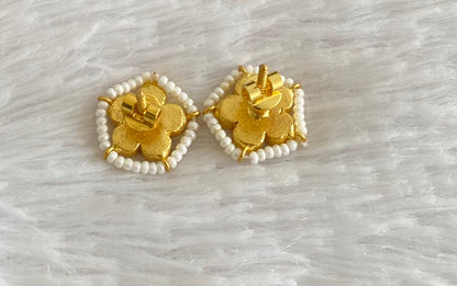 Gold tone pink-white pearl kundan jadau flower stud/earrings dj-53549