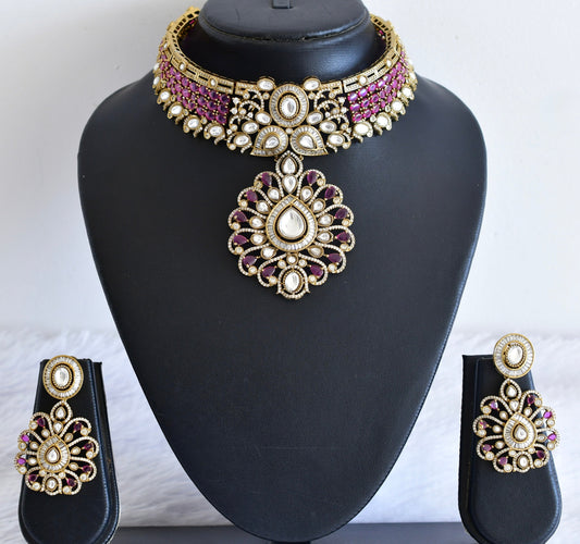 Antique gold tone ruby kundan flower choker necklace set dj-53027