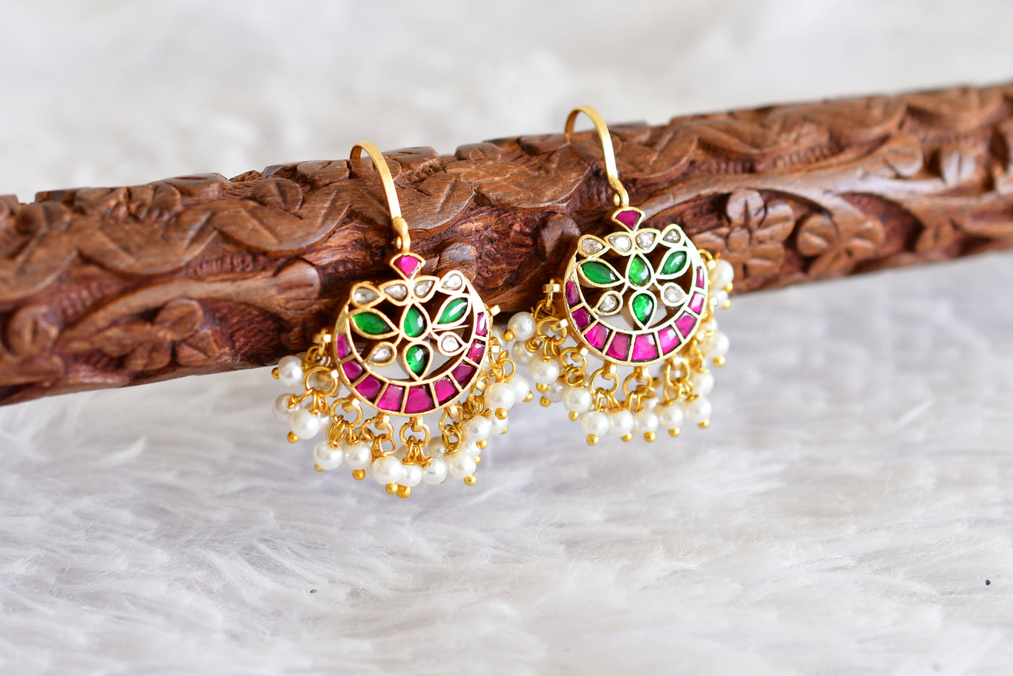 Gold tone pink-green-white kundan jadau bali bugadi earrings dj-52474