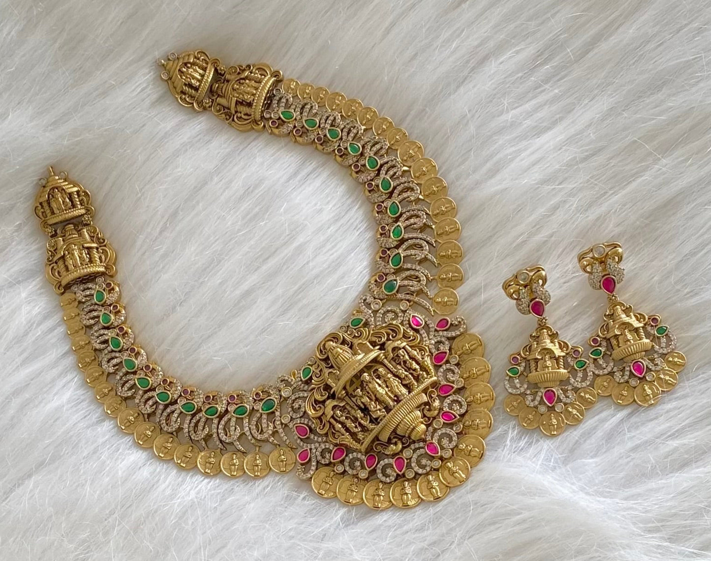 Antique gold tone pink-green-white peacock ram parivar necklace set dj-54440