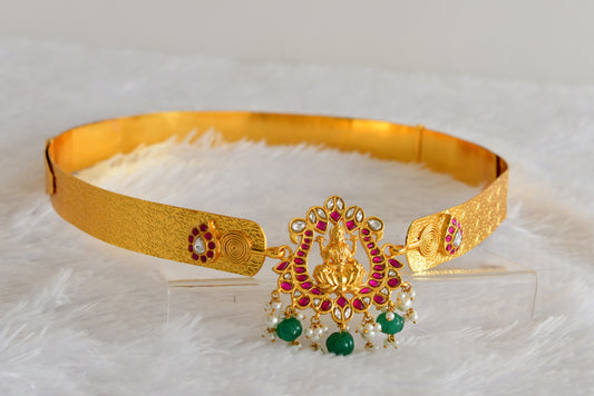 Gold tone pink-green-white kundan jadau Lakshmi mango waist band dj-52175