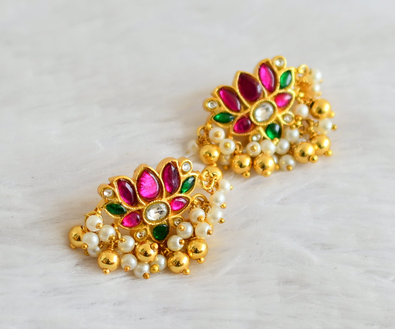 Gold tone pink-green-white kundan jadau Lotus earrings dj-52103