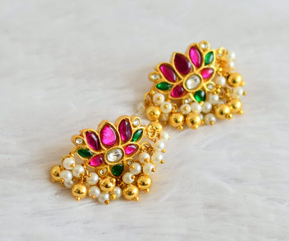 Gold tone pink-green-white kundan jadau Lotus earrings dj-52103