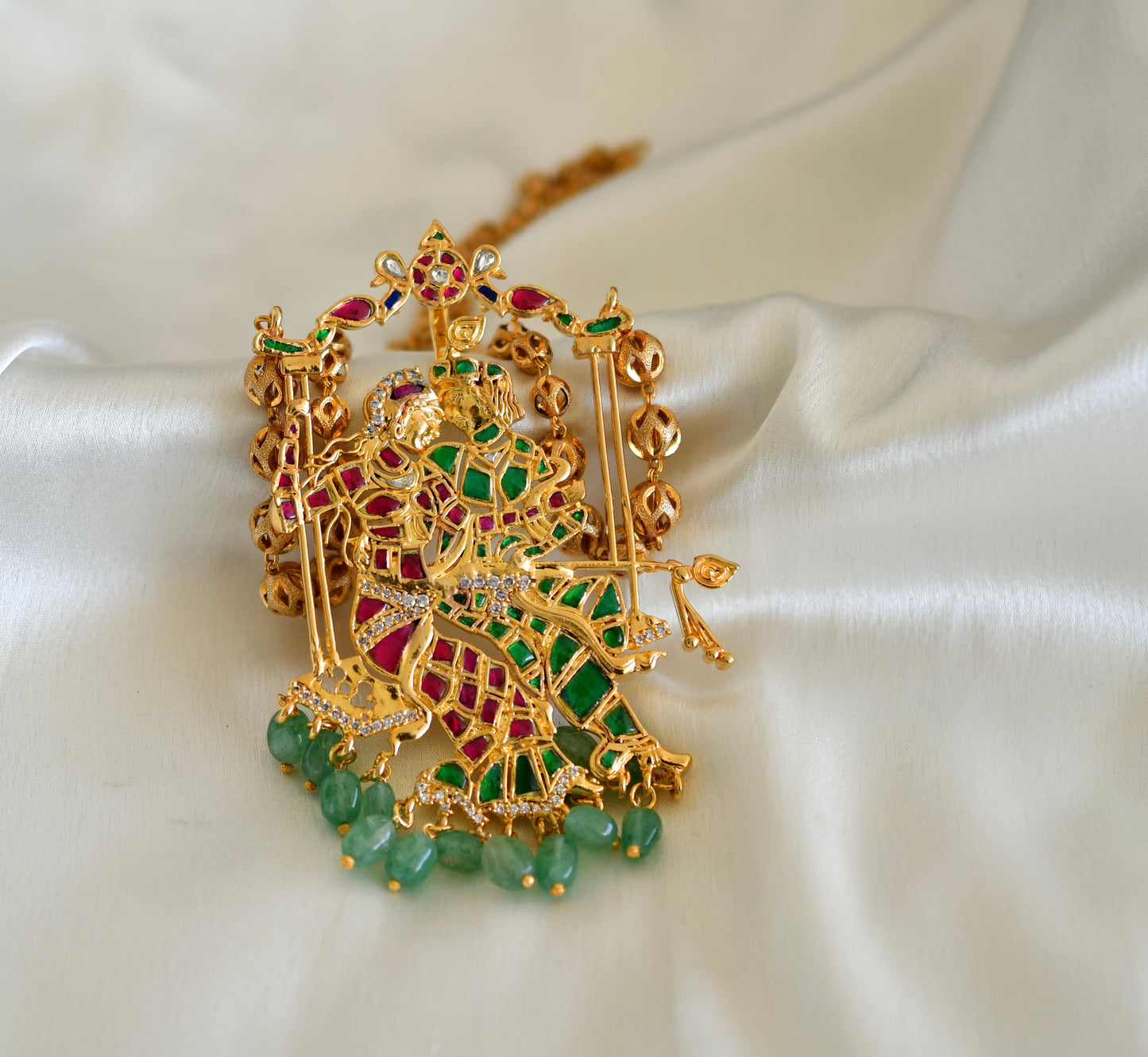 Gold tone pink-green kundan jadau Radhe-Krishna pendant necklace dj-52603