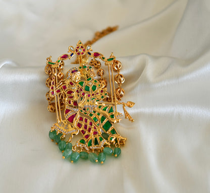 Gold tone pink-green kundan jadau Radhe-Krishna pendant necklace dj-52603
