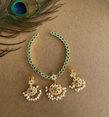 Gold tone AD Cerulean blue south indian style attigai/necklace set dj-51670